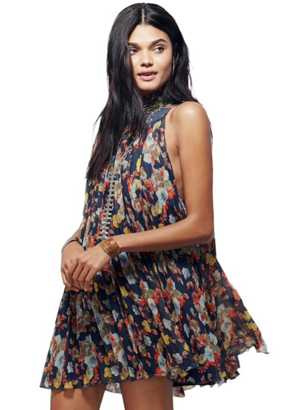 Free People Floral Pleated Tent Mini Dress